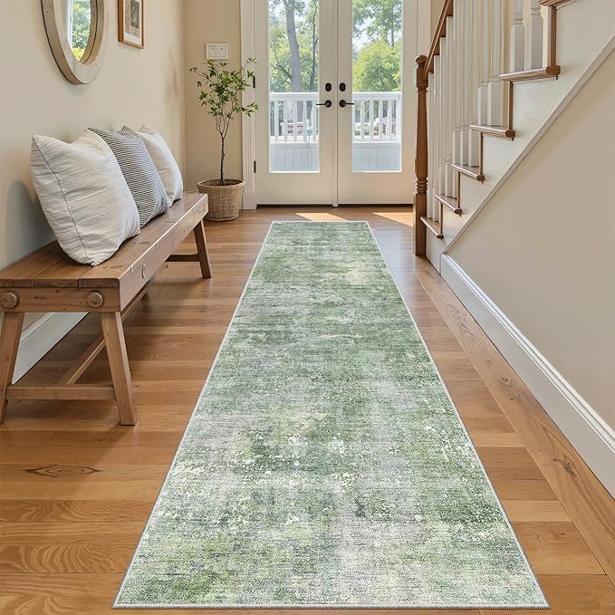 Runner Rug 2x8 Washable Non-Slip Hallway Runner Rugs for Kitchen Bathroom Laundry Room Green/Ivory Vintage Floor Carpet Runners for Hallways Entryway