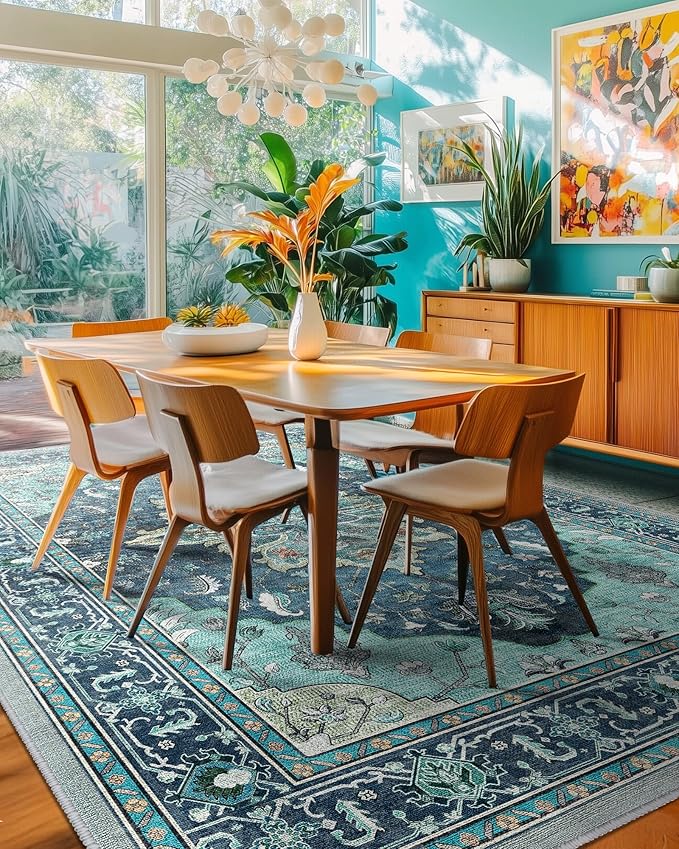 Area Rugs 6'x9' Washable Non-Slip, Floral Vintage Distress Print Pattern Medallion Carpet for Living Room Bedroom Dining Room, Teal Green Lake Blue Turquoise