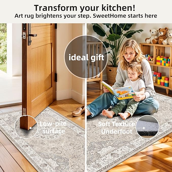 4 Pieces Kitchen Rug Set: Washable Water Resisitant Carpet for Sink Stove Area Soft Floor Mats with Non-Slip Backing for Bathroom Low-Pile Runners for Family with Elderly Dogs(2x3+2x4+2x5+2x6,Beige)