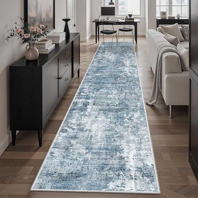 Runner Rug 2'x10' Abstract Washable Non-Slip Runner Rugs for Kitchen Bathroom Laundry Room Blue Vintage Floor Carpet Runners for Hallway Entryway