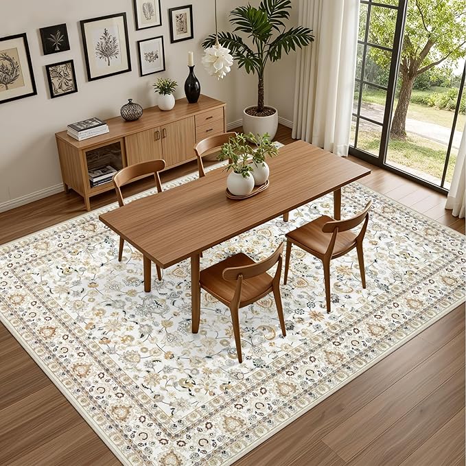 Area Rugs 10x14 Living Room Rug: Washable Rug Soft Vintage Boho Carpet Indoor Floor Non-Slip Stain Resistant Large Carpets for Bedroom Dining Room Farmhouse Nursery Home Office Beige