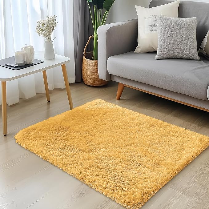 OLANLY 3x5 Machine Washable Small Bedside Rug, Soft Fluffy Shaggy Rugs for Living Room, Bedroom, Indoor Floor Carpet for Kids Girls and Boys, Preppy Dorms, Nursery, Home Decor, Mustard Yellow