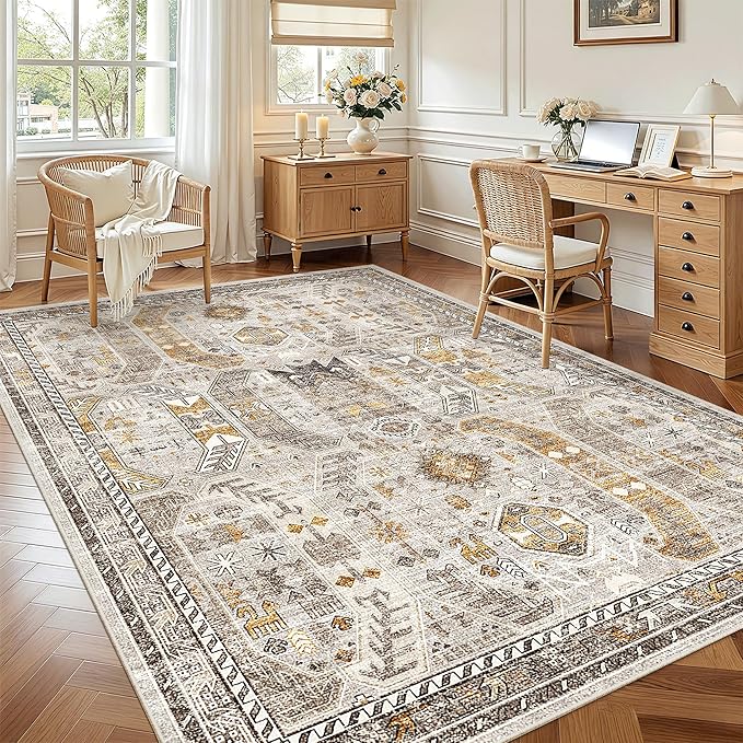 Madane 5x7 Area Rugs for Living Room, Stain Resistant Washable Rugs, Non-Slip Backing Area Rug, Vintage Home Decor Rug for Bedroom (Brown/Gold, 5'x7')