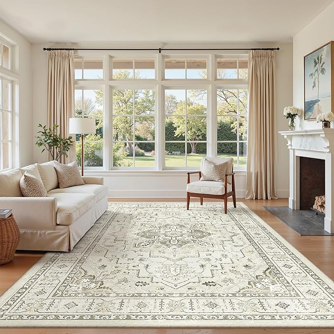 zesthome 5x7 Area Rugs, Machine Washable Rugs for Living Room, Bedroom,Stain Resistant Vintage Large Area Rug,Non-Slip Medallion Pattern Home Decor Rugs (Beige,5'x7')