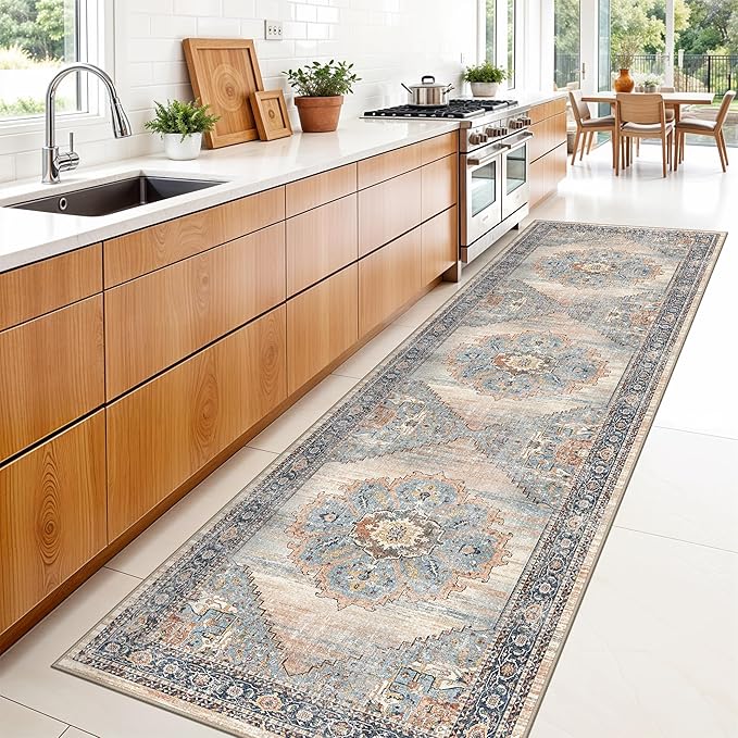 3x10 Hallway Washable Runner Rug: Kitchen Rugs Entryway Runners Soft Floor Mat Non Slip Indoor Carpet for Bathroom Living Room Bedroom (Blue, 3x10)