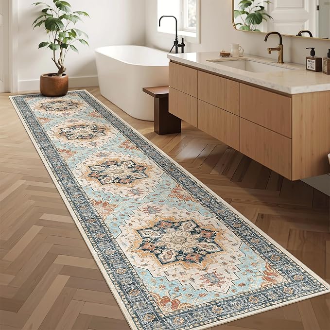 Madane Runner Rugs for Hallway 2x10 Long Washable Non-Slip Hallway Runner Rug Low-Pile Stair Kitchen Runner Soft Throw Carpet for Entrance Living Dining Laundry Room (Orange/Blue, 2 x 10)