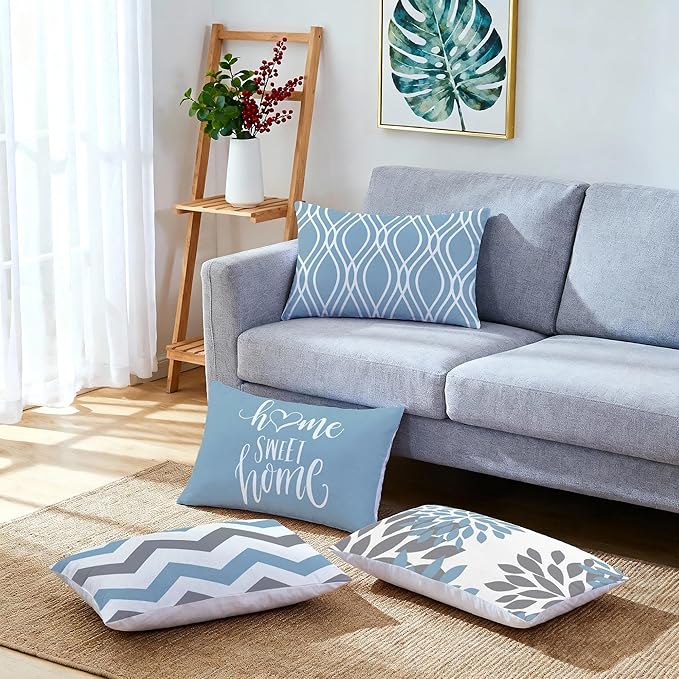 Hexagram Geometric Aqua Blue Pillow Covers 12x20 Set of 4, Decorative Outdoor Boho Modern Throw Pillow Covers, Home Sweet Home Farmhouse Cushion Case for Couch Sofa Bedroom Indoor Decor(No Insert)