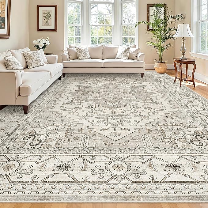 Madane Washable Rug 8x10 Area Rugs for Living Room, Ultra-Thin Non-Slip Backing Rug, Stain Resistant Vintage Large Area Rug for Bedroom (Beige/Brown, 8'x10')