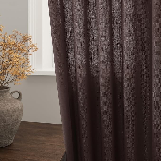 Coffee Linen Textured 96 Inch Curtains 2 Panel Set Back Tab Rod Pocket Sheer Light Filtering Boho Room Decor Aesthetic Curtains Burlap Look Curtain Drapes for Living Room Bedroom 8Ft 52x96 Inch