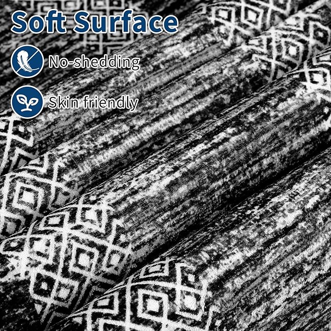 GarveeHome Washable Rug 5x7 Modern Bordered Rug with Non Slip Rubber Backing, Low Pile Thin Carpet, Soft Non Shedding Floor Covering, Foldable Printed Carpet for Living Room Bedroom, Black