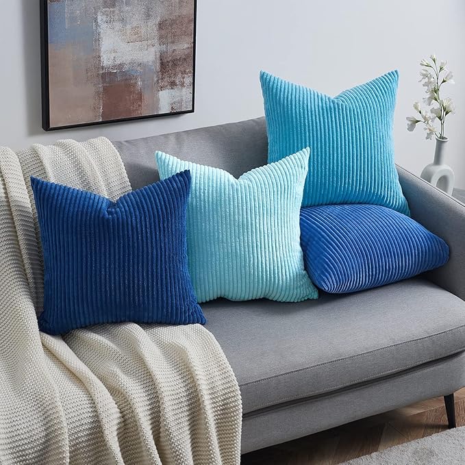 Topfinel Blue Throw Pillow Covers 18x18 Inch Set of 4,Soft Accent Corduroy Decorative Cushion Cover,Square Modern Pillow Case for Beach,Patio,Balcony,Living Room,Summer Gradient Shams Home Decor