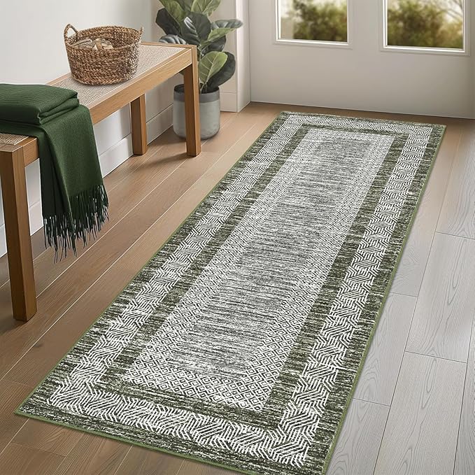 Washable 2.5x10 Kitchen Runner Rug, Easy Clean Geometri Rugs for Hallway Entryway, Indoor Outdoor Non Slip Rug Farmhouse Morden Carpet Door Mat Area Rug for Laundry Room Green