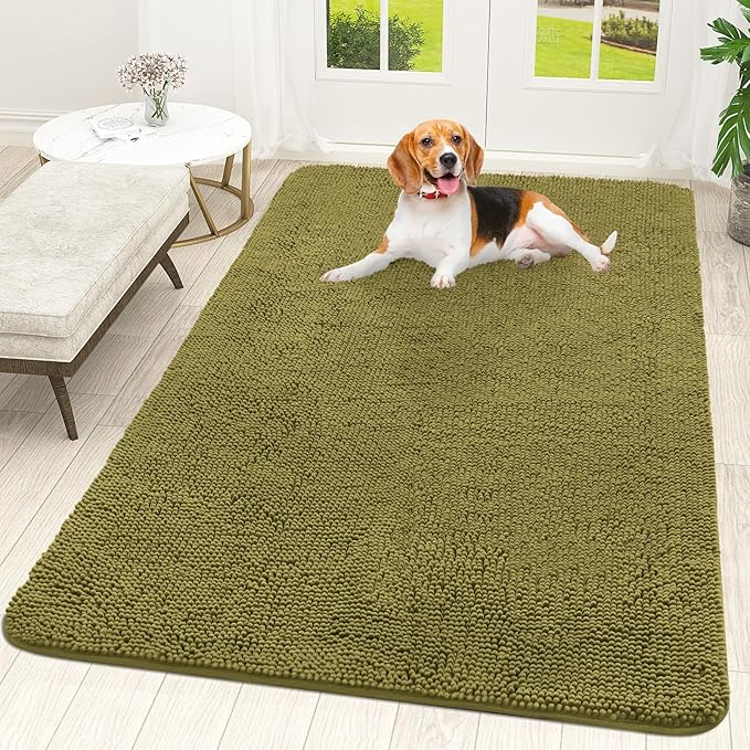 OLANLY Dog Door Mat for Muddy Paws 59x35, Absorbs Moisture and Dirt, Absorbent Non-Slip Washable Doormat, Quick Dry Chenille Mud Mat, Entry Indoor Entryway Carpet for Inside Floor, Willow Green