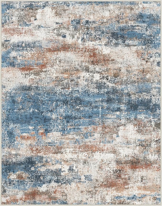 Area Rugs 6x9 for Living Room Bedroom, Modern Abstract Machine Washable Rug, Large Soft Low Pile Floor Carpet with Non Slip Backing for Dining Room, Blue/Brick