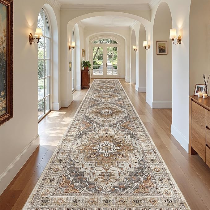 Madane Hallway Runner Rug 3x18 - Kitchen Rugs 18ft Washable Entryway Rug Vintage Kitchen Runners Non Slip Indoor Area Rug Farmhouse Carpet Runner for Bathroom Living Room Bedroom, Turmeric/Grey