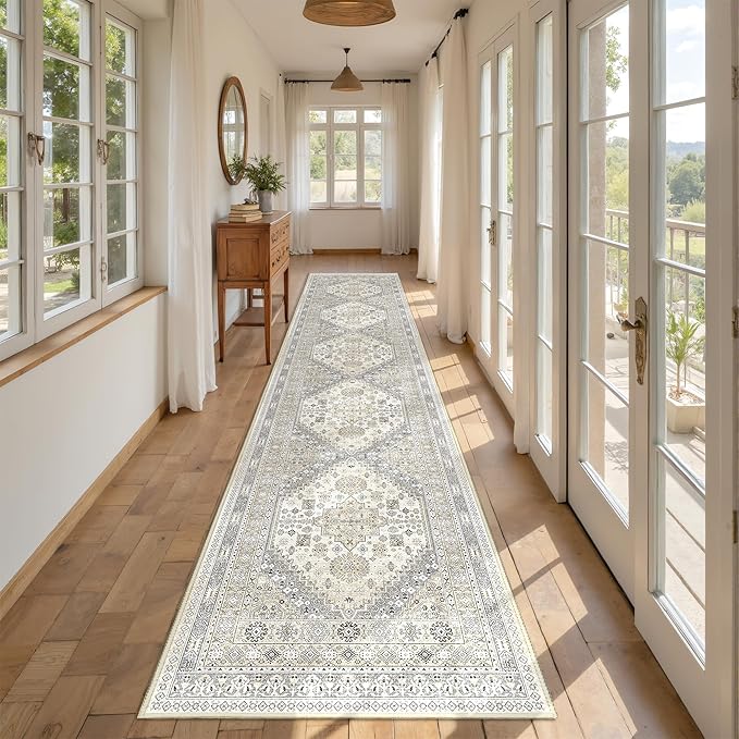 Carpet Runners for Hallway 12ft, Non-Slip Long Bathroom Rugs Runner for Kitchen, Living Room, Bedroom, Soft Vintage Washable Rug for Entryway, Thin Floor Mat for Dining Room(Beige,2.5'x12')