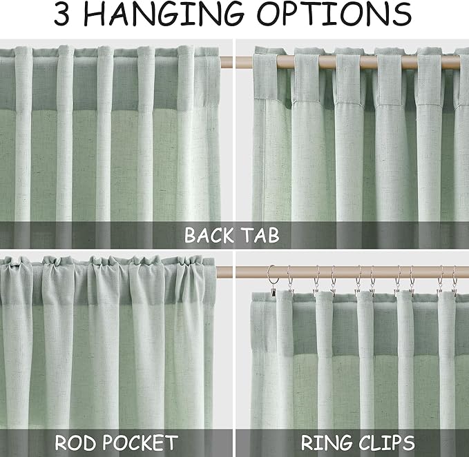 Nanspring Aqua Green Linen Curtains 102 Inches Long Rod Pocket Back Tab Drapes 2 Panels Set for Living Room Bedroom Light Filtering Semi Sheer Aqua Green Curtain 102 Length for Patio Door 52x102