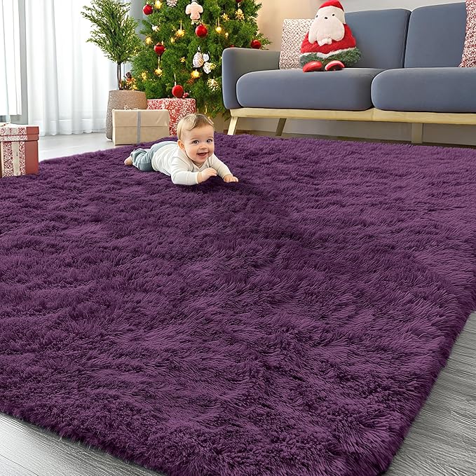 OLANLY 9x12 Machine Washable Large Area Rugs for Living Room, Bedroom, Soft Fluffy Shaggy Bedside Rug, Indoor Floor Carpet for Kids Girls and Boys, Dorms, Nursery, Home Decor Aesthetic, Dark Purple