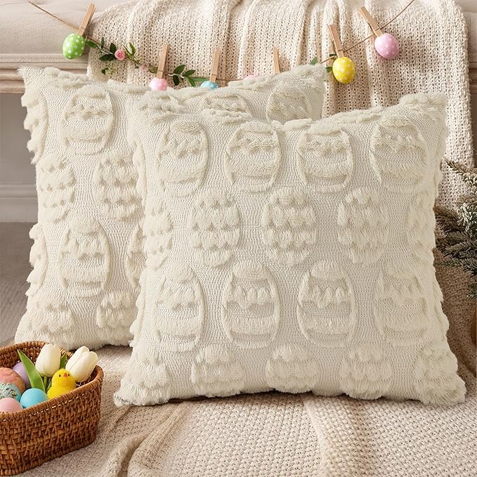 decorUhome Easter Beige Egg Pillow Covers 16x16 Inch Set of 2, Soft Plush Faux Wool Jacquard Cushion Covers, Farmhouse Neutral Fuzzy Spring Easter Holiday Decor for Couch Sofa Bed