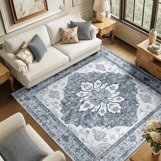 RELEANY Area Rugs Square 6ft Washable Non-Slip, Floral Vintage Distress Print Pattern Medallion Carpet for Living Room Bedroom Dining Room, Light Gray Grey White