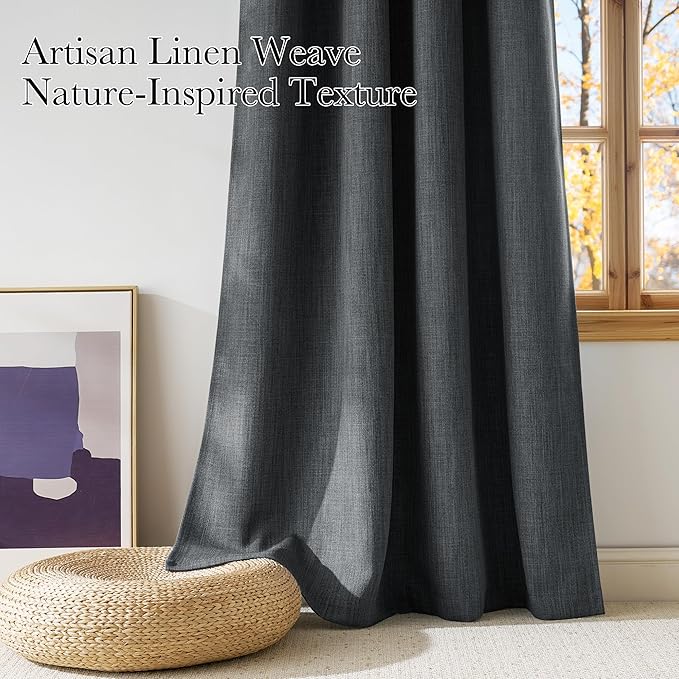 NICETOWN Short Faux Linen Charcoal Gray Blackout Curtains 63 inches Long for Kitchen - Privacy Panels for Living Room Bedroom, Modern Farmhouse Style Easy Care Grommet Top, 2 Panels, W42 by L63