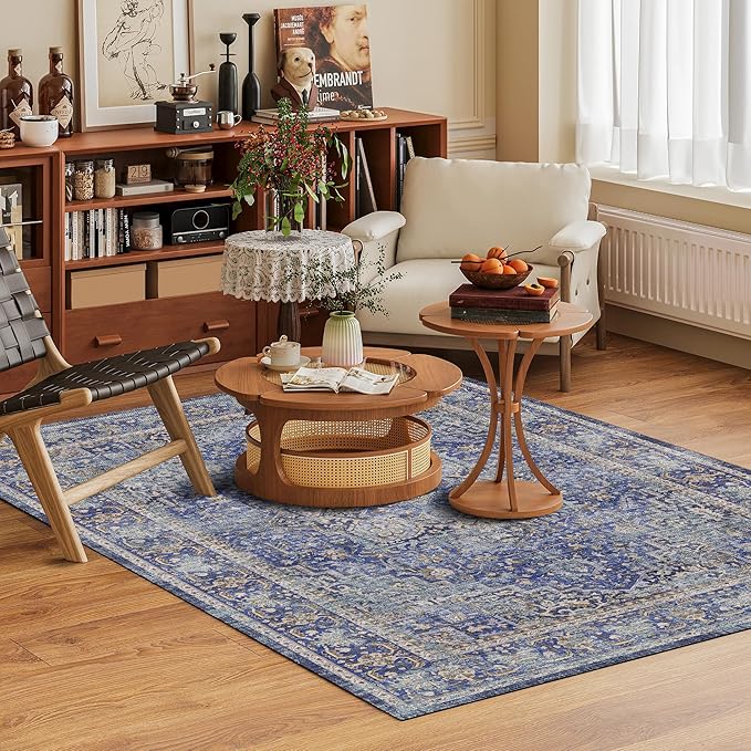 Washable Area Rug 3' x 5 ' Vintage Traditional Persian Mat - Foldable Distressed Non-Slip Machine Washable Carpet for Living Room Bedroom Kitchen Home Decor - Indigo and Gold