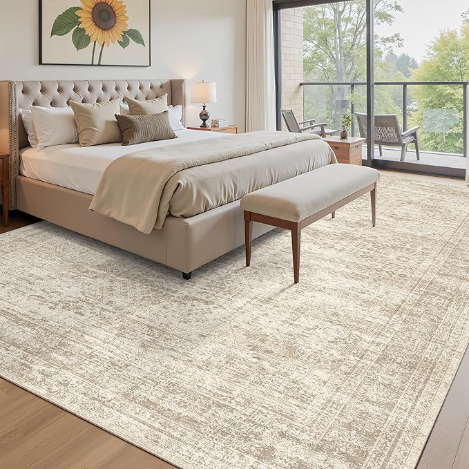 12x15 Washable Area Rug Beige Neutral Abstract Living Room Large Carpet Non Slip Bedroom Indoor Office Dining Room Low Pile Thin Rug