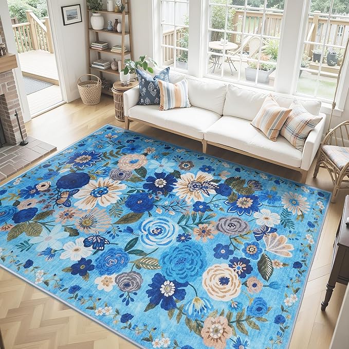 Washable Area Rug 8x10, Large Soft Rugs for Living Room Floral Blue Carpet 8x10 Area Rugs for Bedroom Dining Room Non-Slip Stain Resistant Under Table Rug (8 x 10, Blue Garden)