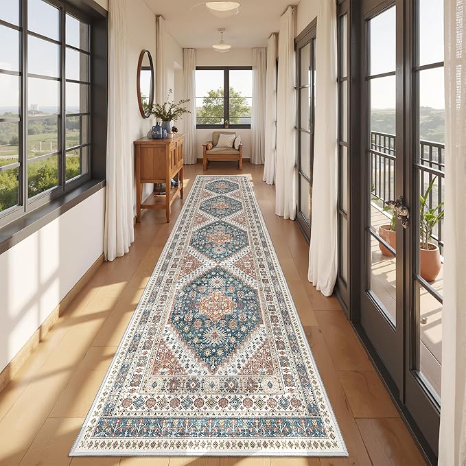 Kitchen Runner Rug Non Slip Washable 2.5x10, Soft Ultra-Thin Entryway Rug Runners for Hallways, Carpet Runner for Living Room,Kitchen, Laundry, Bathroom(Blue/Red,2.5'x10')