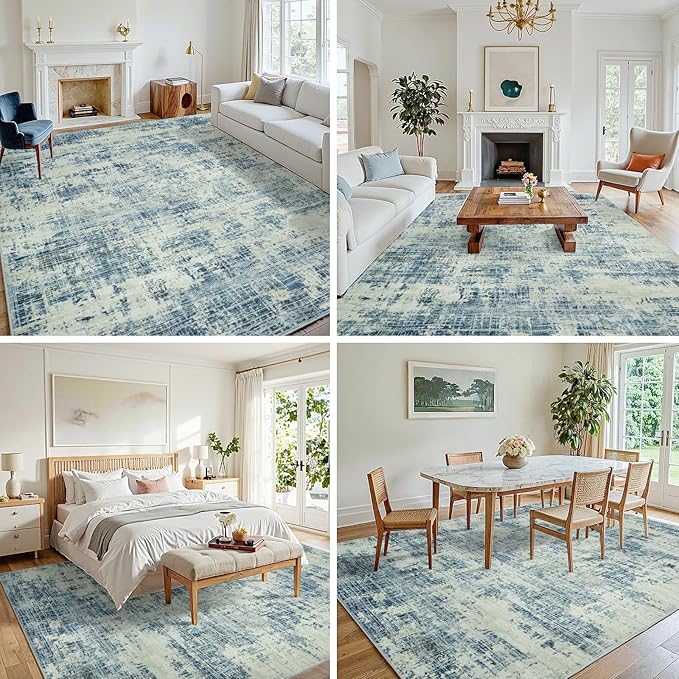 9x12 Area Rugs for Living Room Washable Rug: Anti-Skid Abstract Modern Living Room Rug Soft Thin Carpets Indoor Floor Non-Shedding Carpet for Bedroom Dining Farmhouse Nursery Blue Gray Gold