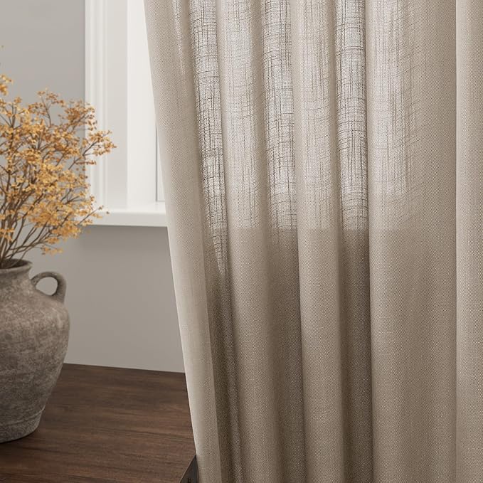Nanspring Light Taupe Linen Curtains 63 Inches Length 2 Panels Set for Living Room Back Tab Pocket Light Filtering Semi Sheer Drapes Modern Farmhouse Cotton Linen Textured Window Curtain 52X63 Inch