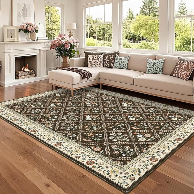 GarveeHome Grey Floral Rug 4x6 Rug Machine Washable Area Rug for Living Room Farmhouse Floral Low Pile for Dining Room, Bedroom Indoor Foldable Non-Slip Brown Natural RV