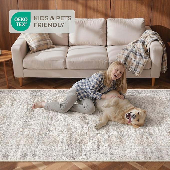 Rug Runners for Hallways Non Slip - 2x8 Runner Rug for Bedroom, Washable Runner with Rubber Backing, Soft Low-Pile Carpet for Kitchen, Laundry, Bathroom (2'x8', Brown/Grey/Ivory)