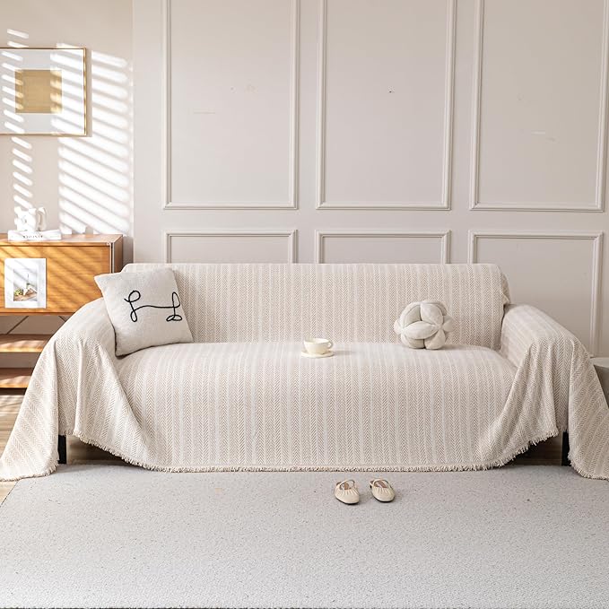 Boho Chenille Couch Cover for Dogs, Non Slip Sofa Cover, Couch Slipcover Covers for 3 Cushion, Furniture Protector with Tassels for Pets Washable, 91"x134", Fishbone Beige