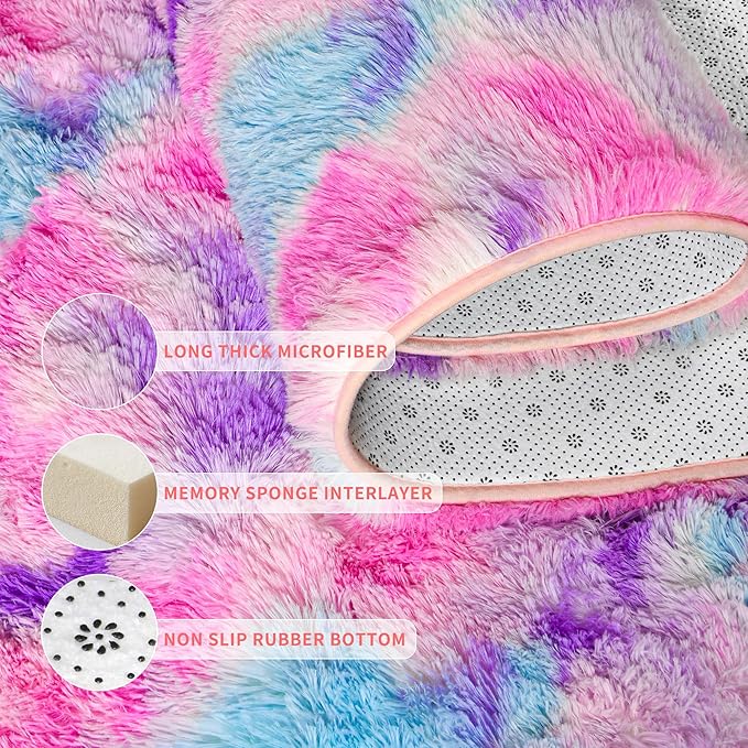Tepook Soft Rainbow Rug for Girls Room, Cute Fluffy Girls Bedroom Rugs, 2x3 Feet Shaggy Princess Rug Colorful Carpet for Kids Teens Toddler Playroom Nursery Reading Nook, Hot Pink