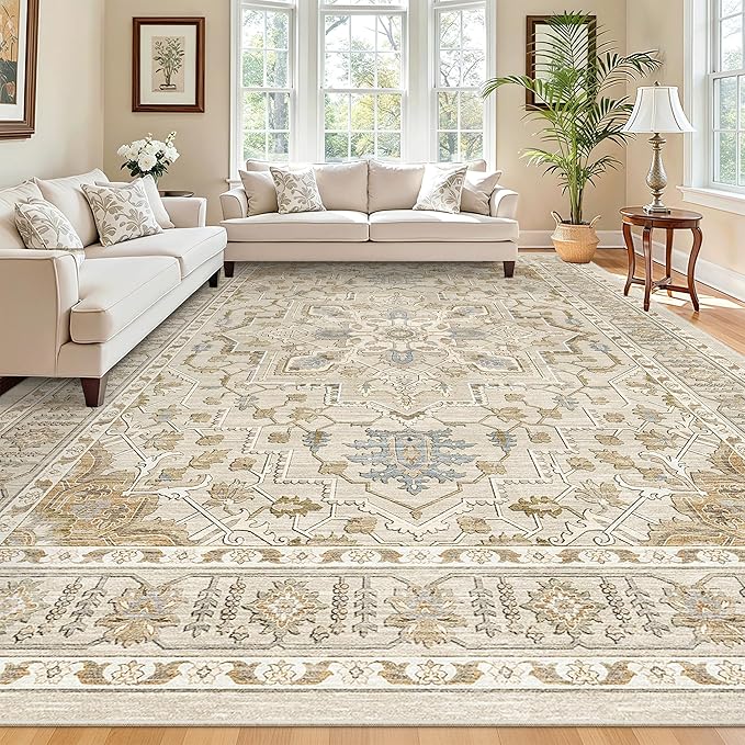 Madane Washable Rug 8x10 Area Rugs for Living Room, Ultra-Thin Non-Slip Backing Rug, Stain Resistant Vintage Large Area Rug for Bedroom (Beige/Blue, 8'x10')