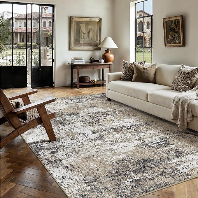 PureCozy 8x10 Abstract Area Rug Brown Washable Modern Neutral Living Room Carpet Non Slip Ultra Soft Low Pile Contemporary Bedroom Large Rug Indoor Office Dining Room Under Table Playroom