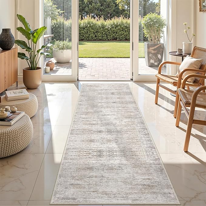 Rug Runners for Hallways Non Slip - 2x8 Runner Rug for Bedroom, Washable Runner with Rubber Backing, Soft Low-Pile Carpet for Kitchen, Laundry, Bathroom (2'x8', Brown/Grey/Ivory)
