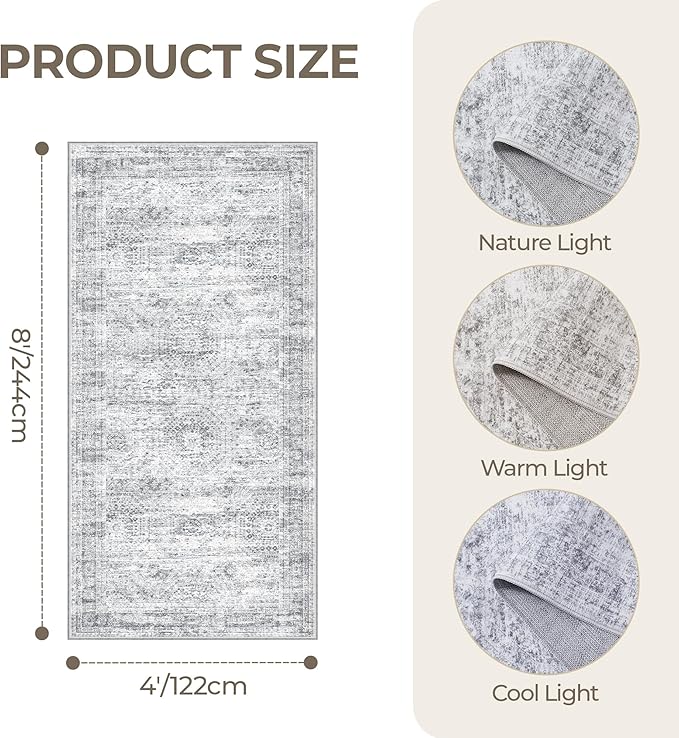 4x8 Rug for Bedroom,Wide Runner Rug for Hallway, Non Slip Washable Runner Rug for Living Room, Low Pile Soft Entryway Kitchen Rug, Modern Home Decor Mat for Dining Room(4'x8', Grey/Ivory)
