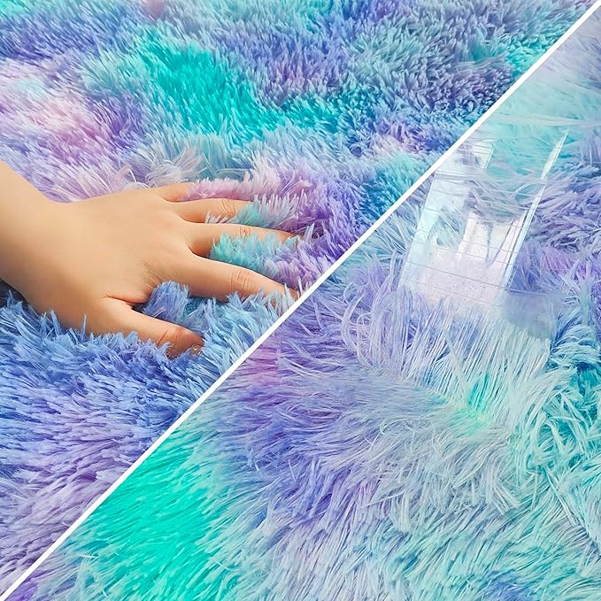 Super Soft Fluffy Living Room Area Rug 2x10 ft Purple Rainbow Tie-Dyed Shaggy Furry Carpet Washable Non-Slip Carpets Bedroom Bedside Nursery Rug Cute Colorful Room Decor for Girls