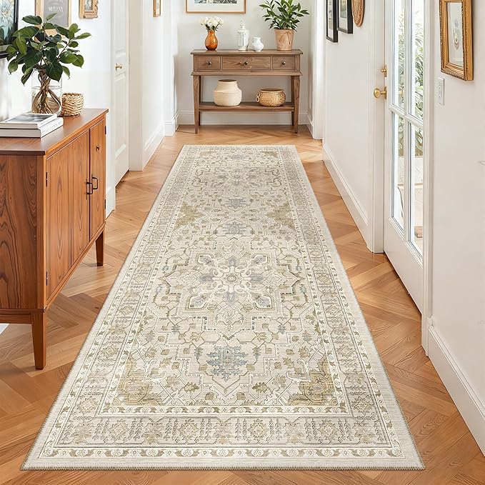 Madane Hallway Runner 3x8, Kitchen Rugs Washable Entryway Rug 8ft Vintage Kitchen Runners Non Slip Indoor Area Rug Farmhouse Carpet Runner for Bathroom Living Room Bedroom (3 X 8, Beige/Blue)