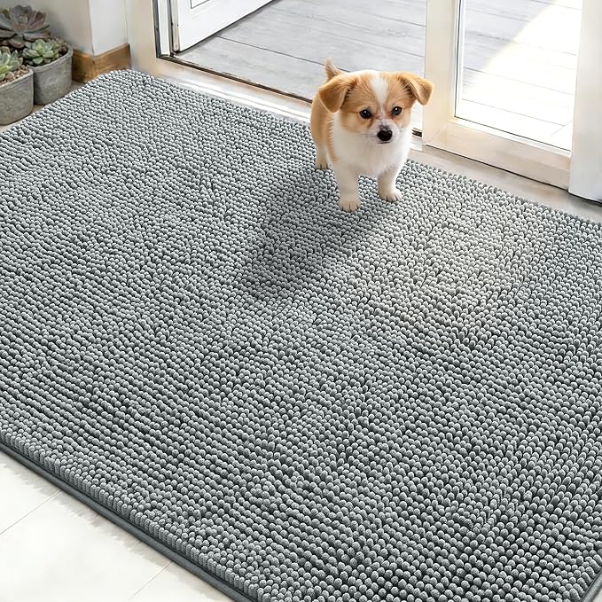 OLANLY Dog Door Mat for Muddy Paws 50x30, Absorbs Moisture and Dirt, Absorbent Non-Slip Washable Doormat, Quick Dry Chenille Mud Mat for Dogs, Entry Indoor Entryway Carpet for Inside Floor, Grey