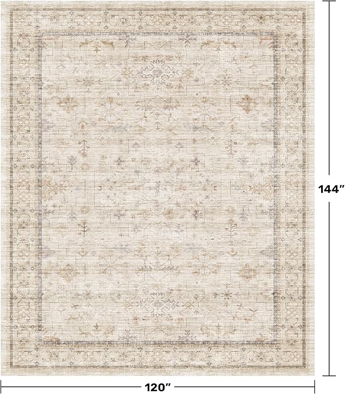 Beige Cream 10x12 Large Living Room Area Rug, Soft Neutral Carpet for Bedroom, Dining Room Under Table, Geometric Floral Contemporary Home Décor, Modern Non Slip Stain Resistant Floor Carpet