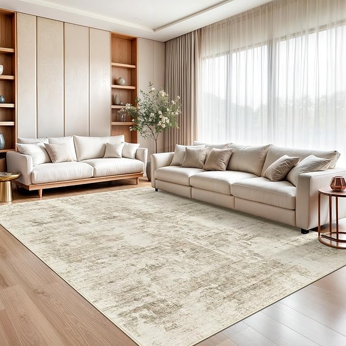 9x12 Area Rug for Living Room, Abstract Non Slip Machine Washable Vintage Carpets, Low Pile Lightweight Large Rug for Bedroom, Dining Room, Home Office Beige Gray