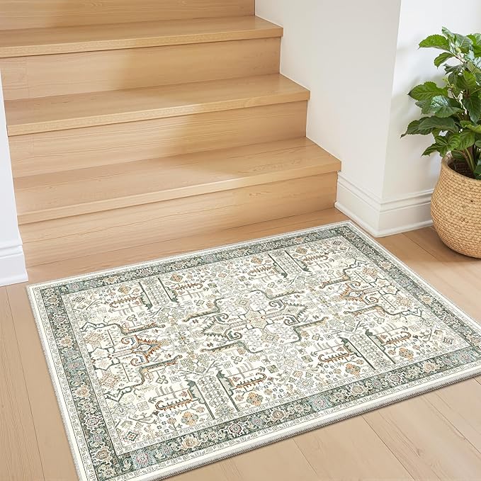 Washable 2x3 Entryway Area Rug - Small Non Slip Vintage Kitchen Runner Rugs Indoor Entrance Soft Neutral Stain Resistant Bathroom Mat Farmhouse Carpet for Bedroom Living Room Entry Laundry 2'x3' Green