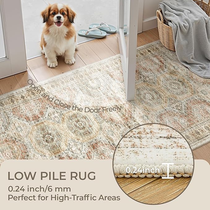 Rug Runners for Hallways Non Slip - 2x8 Runner Rug for Bedroom, Washable Runner with Rubber Backing, Soft Low-Pile Carpet for Kitchen, Laundry, Bathroom (2'x8', Brown/Pink)