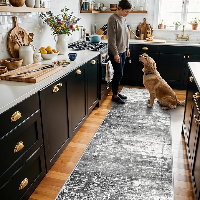 2x8 Washable Hallway Runner Rug: Abstract Stain Resistant Kitchen Rugs Farmhouse Ultra Soft Bathroom Bedroom Entryway Print Floor Mat Thin Non-Slip Indoor Carpet for Living Room Laudry(2x8,Black/Grey)