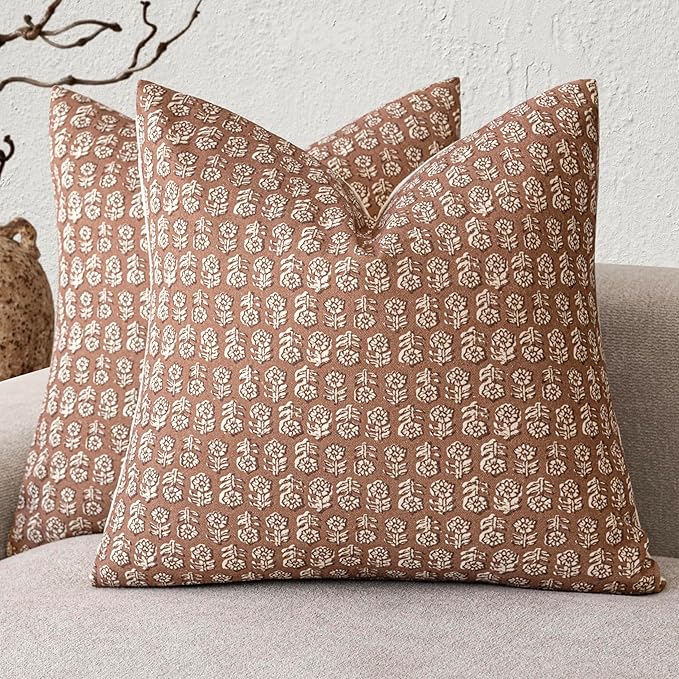 Foindtower Set of 2 Decorative Vintage Floral Print Throw Pillow Covers Neutral Farmhouse Cushion Covers Boho Home Decor for Sofa Couch Chair Bedroom Living Room,24×24 Inch,Light Orange Brown