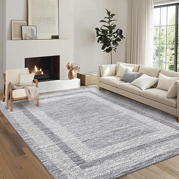 GarveeHome Modern Geometric Area Rug 4x6 Distressed Bordered Washable Non Slip Floor Carpet Non Shedding Thin Soft Low Pile Contemporary Gray Rug for Dining Room, Living Room