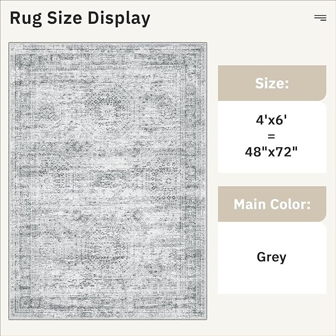 Area Rugs 4x6 for Living Room, Vintage Washable Rugs for Dining Room, Kitchen, Non-Slip Area Rug Grey